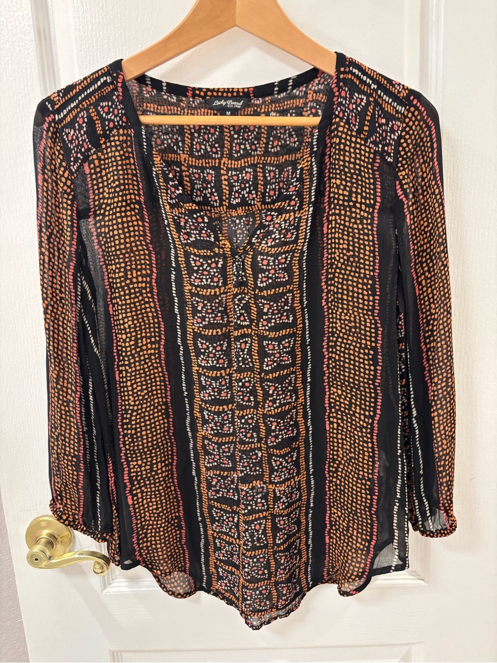Lucky Brand Black Blouse with Orange and Pink Dot Stripe Print Boho Top